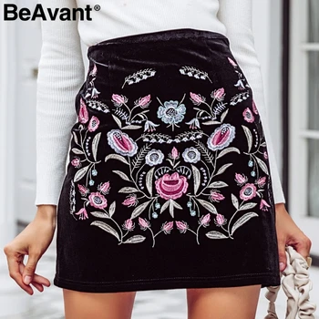 

BeAvant Embroidery high waist skirts womens bottom Elastic bodycon pencil short skirt female Vintage mini winter skirt 2018