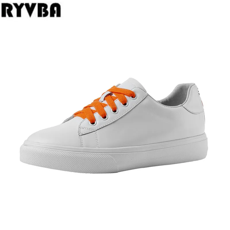 

RYVBA 2019 new woman white flats for women genuine leather spring autumn ladies womens flat shoes causal platform sneaker shoes