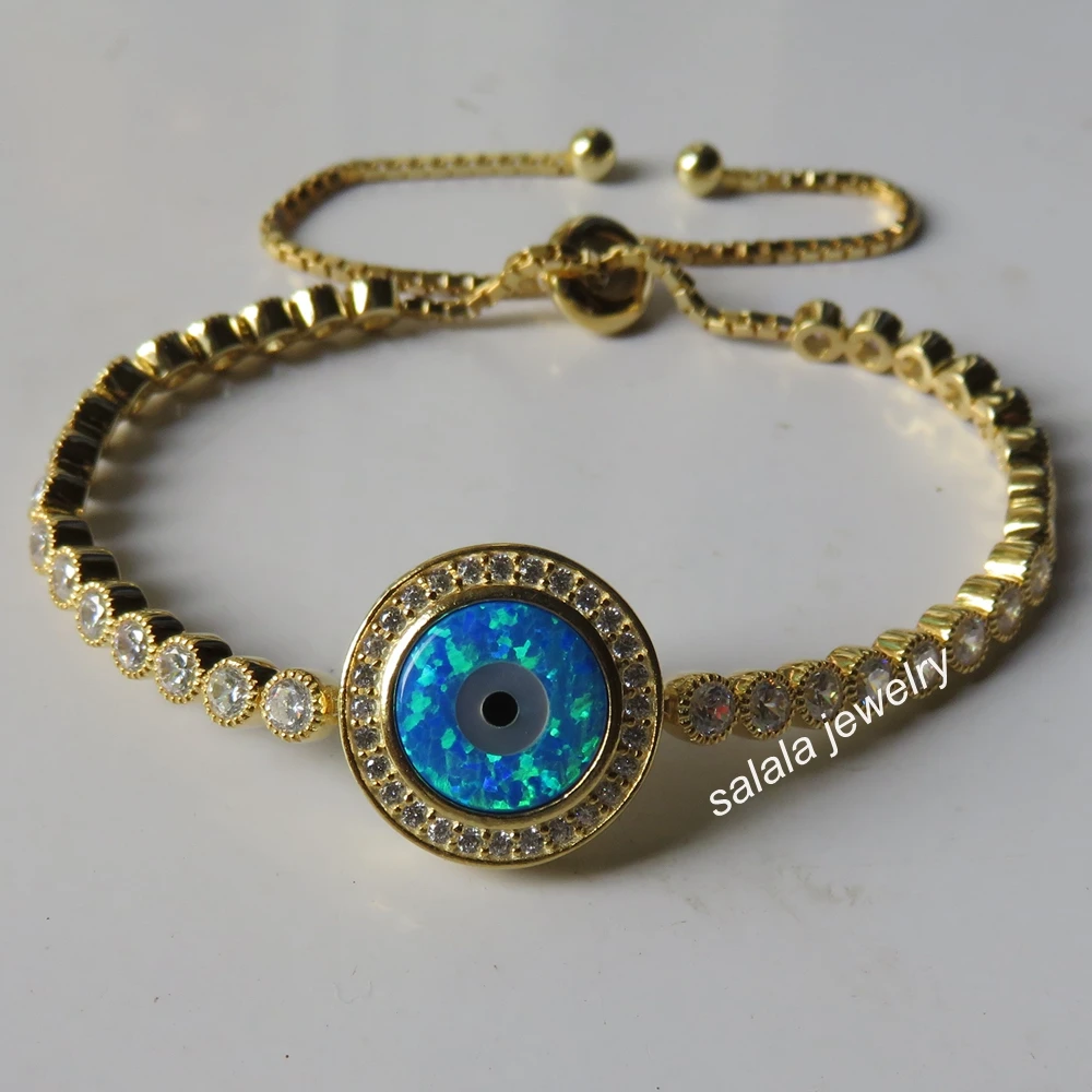 

2017 New Arrival ! Adjustable Bracelet 925 Sterling Silver Blue Evil Eye Fire Opal Bracelet Evil Eye Opal Bracelet with AAA CZ