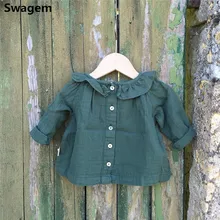 Одежда для маленьких девочек; Весенняя блузка с длинными рукавами для девочек; милые льняные рубашки с воротником «Питер Пэн»; Детские хлопковые топы с оборками; H0019