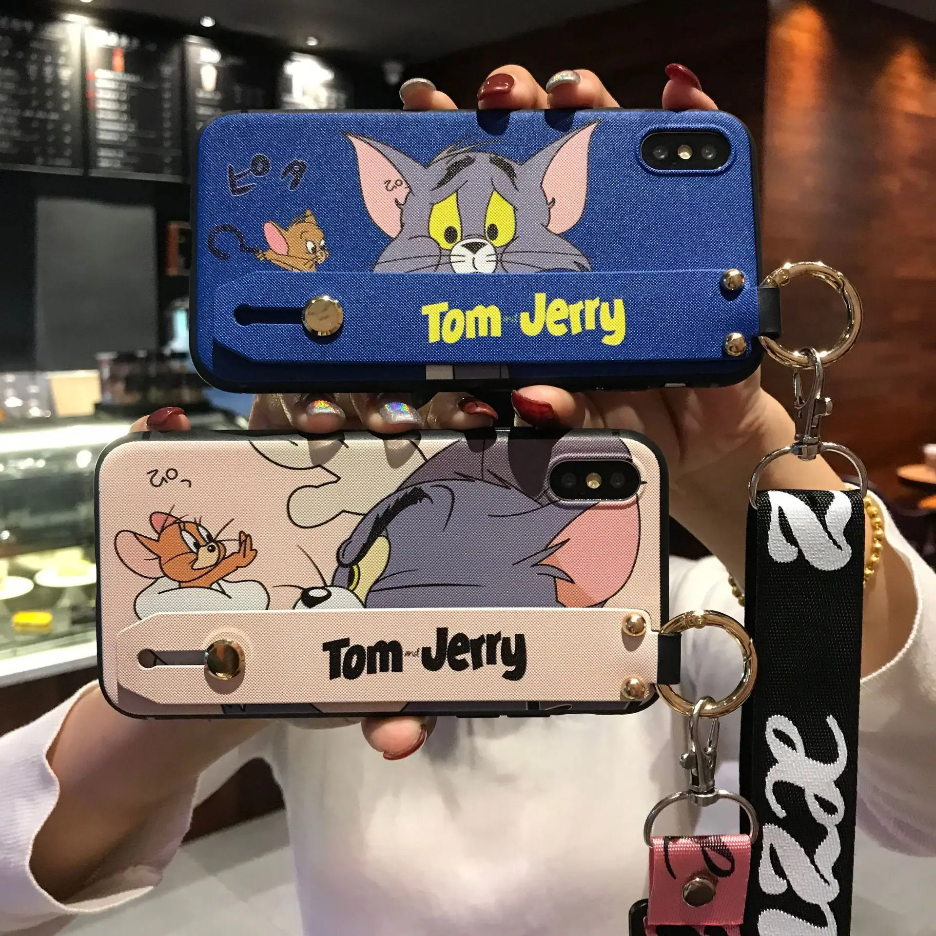

JAMULAR Cartoon Lanyard Tom Jerry Phone Case for iPhone 6S Plus 7 8 Plus soft Cloth cover for iPhone XS MAX XR Wristband Coque