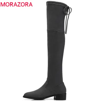 

MORAZORA 2020 new arrival flock pointed toe thigh high boots lace up fashion elegant solid colors female shoes sexy long boots
