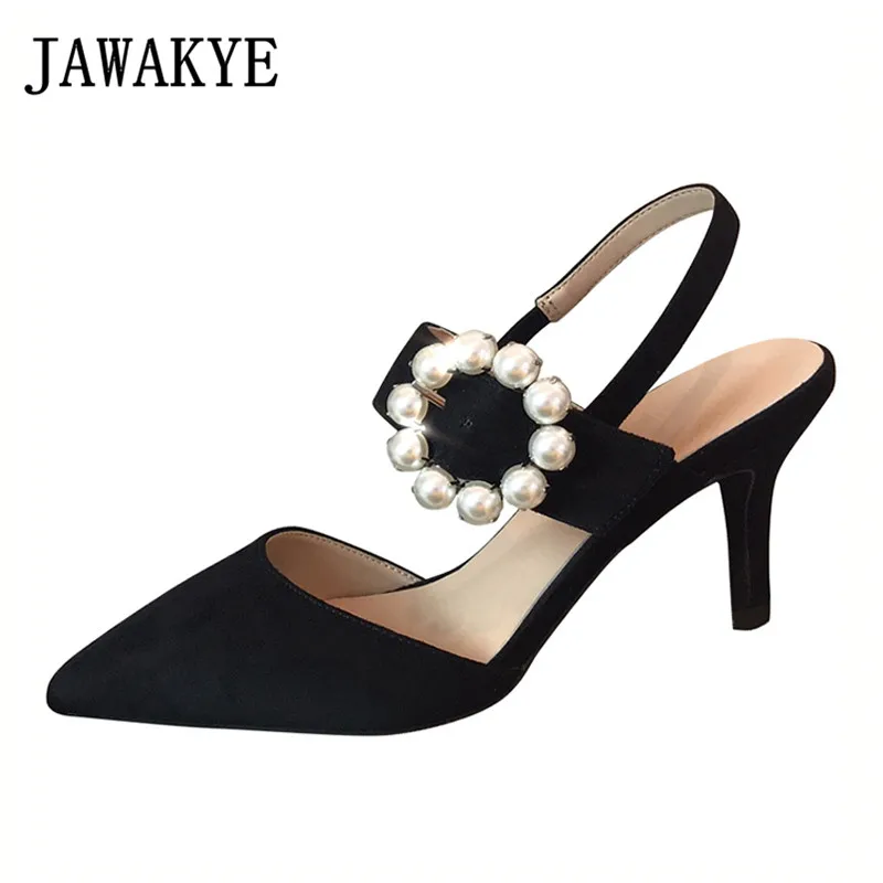 

New Sexy Kid Suede Women Sandals Pointed Covered Toe Pearls Buckle Strap Women Wedding Shoes Thin High Heels Party Prom Sandals