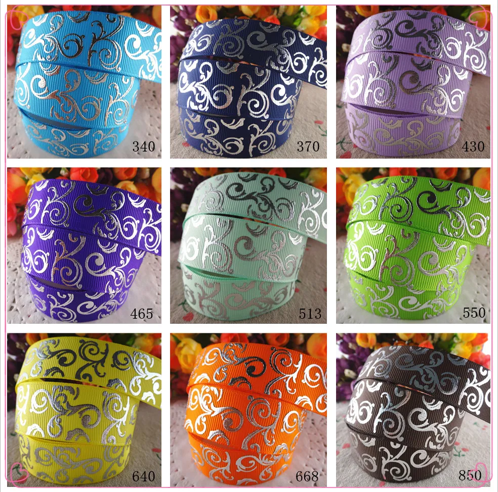 7/8" (22mm) 10 yards glitter silver foil flowers printed grosgrain ribbons DIY handmade materials SD1127 ribbon decoration ribbon supplies grosgrain ribbon