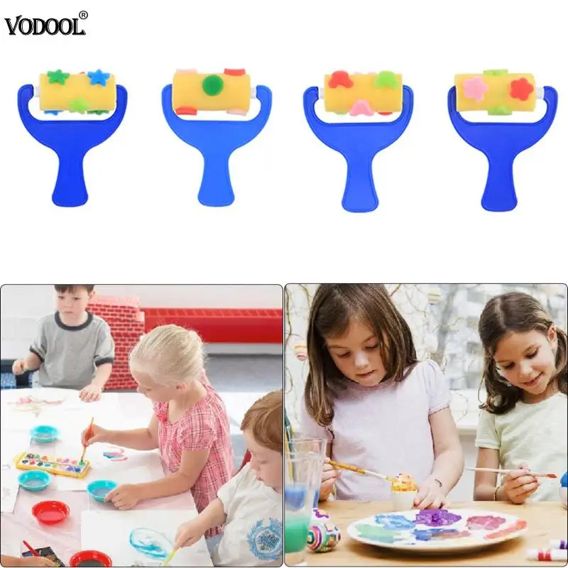 Goede 4 stks set Spons Kwast Plastic Handvat Foam Roller Kids Kinderen Kunst Graffiti Tekening Speelgoed Ambachtelijke Schilderen Gereedschap School Supply