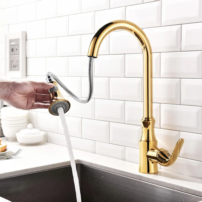 Kitchen Faucet Pull out Cold And Hot Water Mixer Sink Faucet Deck Mounted Single Handle Brass Kitchen Tap Gold/Chrome/Brushed Kitchen Faucet Pull out Cold And Hot Water Mixer Sink Faucet Deck Mounted Single Handle Brass Kitchen Tap Gold/Chrome/Brushed