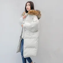 KMETRAM зима 90% белый гусиный пуховик женский воротник из натурального меха енота длинное пальто с капюшоном женские винтажные свободные парки MY557