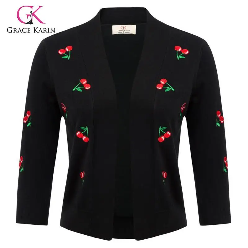 

Gk Women Coat 3/4 Sleeve Cherries Embroidery Open Front Bolero Shrug Cardigan Women Knitwear Soft Comfortable Coat Jackets