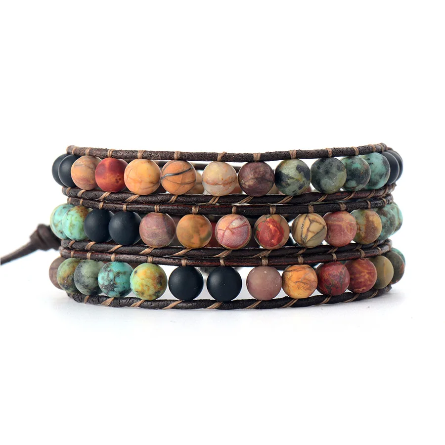 

Leather Wrap Bracelet Frosted Natural Stone 3 Strand Vintage Bestfriend Beads Couples Bracelets Boyfriend Girlfriend Gifts
