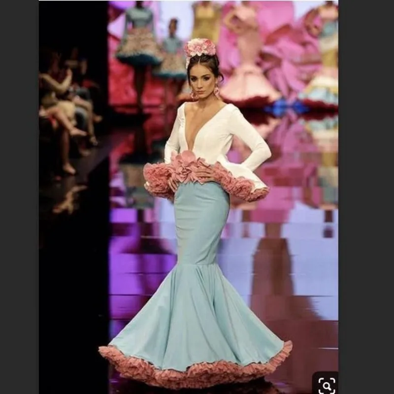 

Fashion Long Sleeve Mermaid Evening Gown Sexy Deep V neck Flower Tulle Formal Prom Gowns robe de soiree Dubai Arabic Party Dress