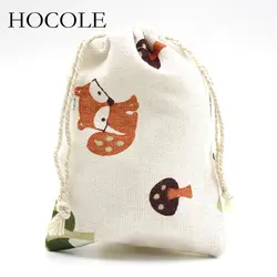 HOCOLE 5 шт./лот цветок вишни с принтом лисы лен Drawstring сумка ручной работы Рождественский подарок конфеты ювелирные изделия, косметички 10*14 см