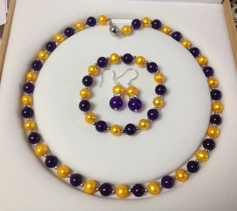 

free shipping 07843 Golden Akoya Cultured Pearl/Amethyst Bracelet Necklace Earrings Set