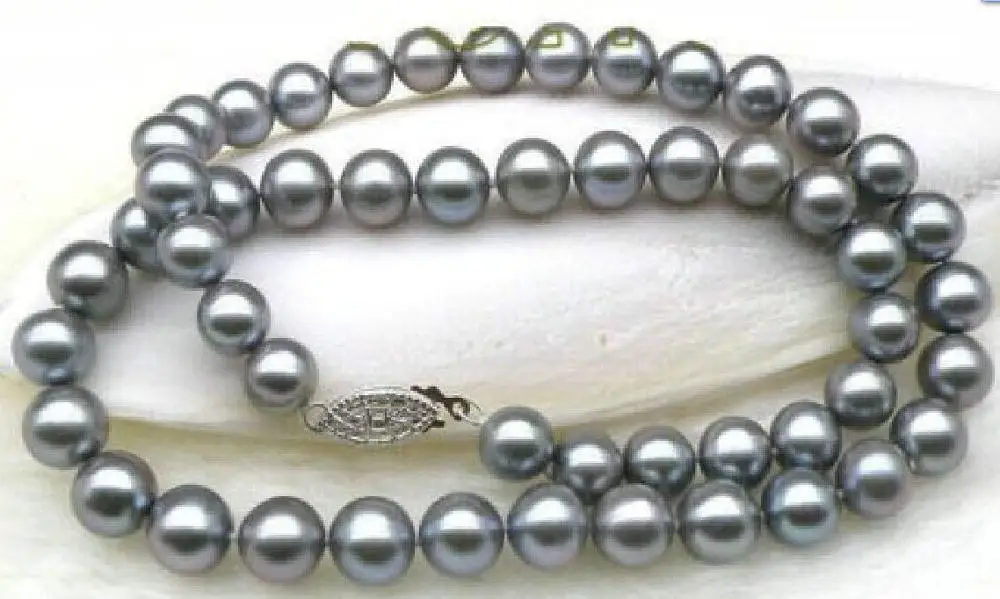 

VERY SURPRISING 9-10MM SOUTH SEA GRAY PEARL NECKLACE 18" 925silver WHITE GOLD