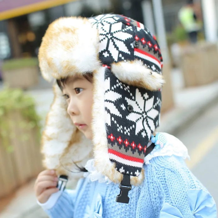 Новая зимняя шапка-бомбер шапки для мужчин и женщин утолщенная уличная теплая белая шапка-ушанка русская Лыжная Шапка-бомбер для родителей и детей - Цвет: kids black snowflowe
