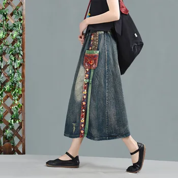 

2019 Hot style restoring ancient ways affixed cloth button A word women skirt long skirts girl cowboy spring