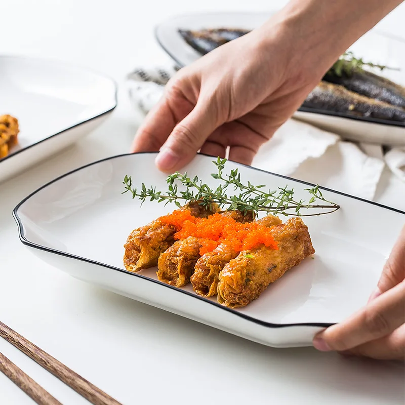 Японская керамическая тарелка посуда прямоугольная для рыбы домашняя белая