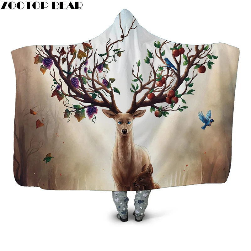 Animals In Seasons 3D Printed Plush Hooded Blanket for Adults Children