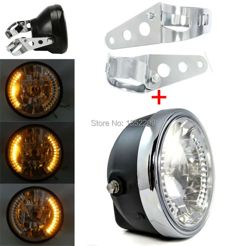 

Motorcycle 8" Amber LED H4 35W Turn Signal Halogen Halo Head light +Mount Bracket Fork Fits For Harley CG GN 125 Custom
