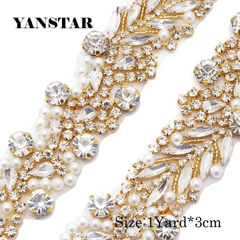YANSTAR 3 см* 1 ярд лента из страз гладить на свадебные платья Пояс Rhinetones с бусины Кристалл DIY свадебные пояса Y973