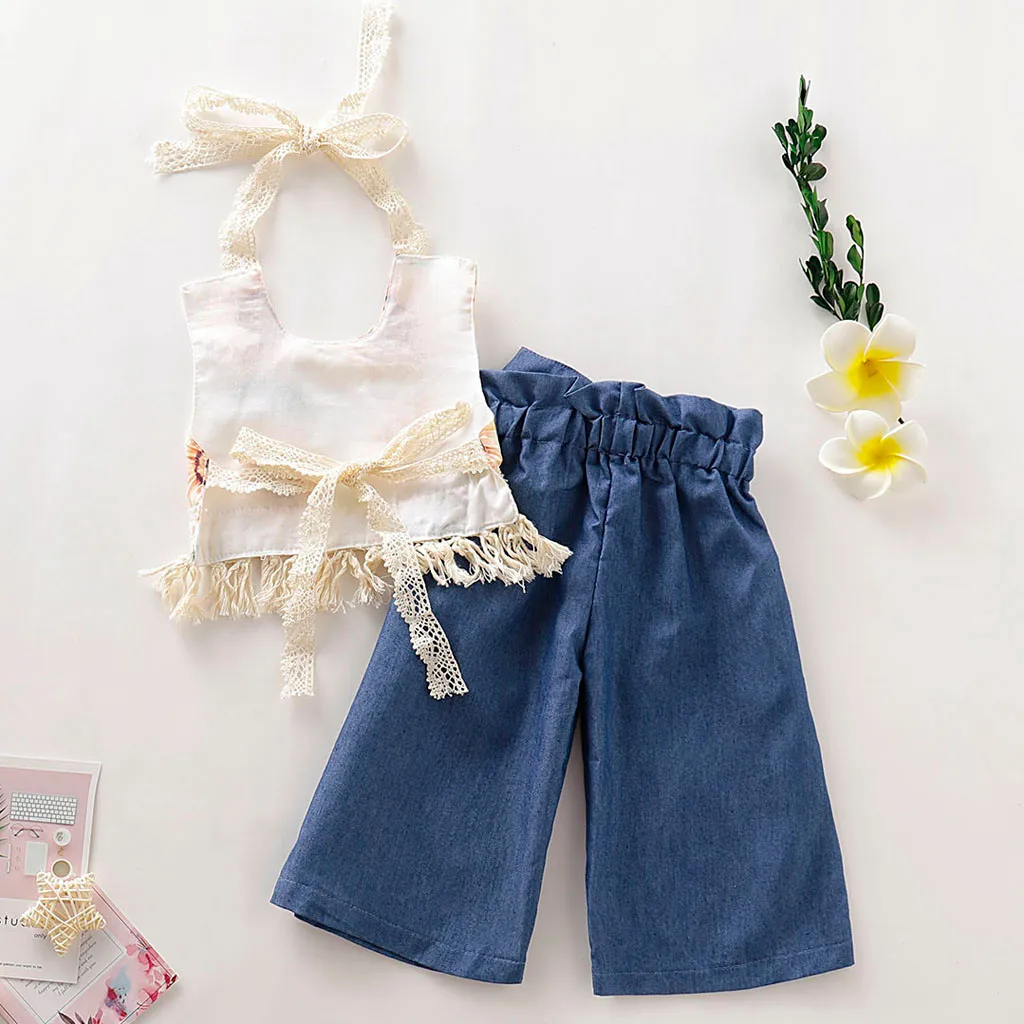 

Toddler Kids Girls Clothes Set Children Clothing Halter Tassel Crop Top Demin Pants Kid Baby Outfits Beachwear 1 2 3 4 Years