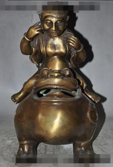 

S01352 12"chinese bronze Liu god plays Golden Toad Spittor wealth statue incense burner B0403