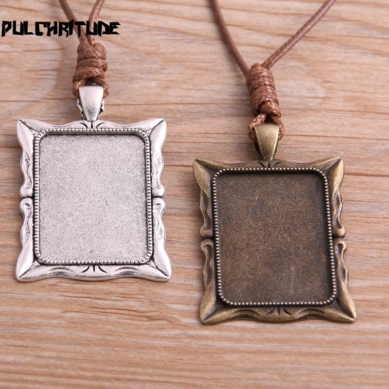 2 pièces en alliage de Zinc deux couleurs 23*33mm carré Cabochon paramètres camée blanc pendentif Base plateaux avec cordon en cuir pour la fabrication de bijoux