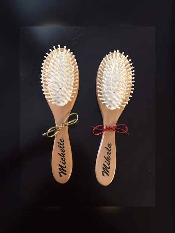 

Personalize names any text wedding bridesmaid bride hair brushes with elastic tie birthday girl mother's day hairbrush gifts