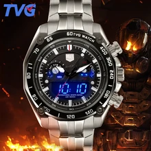 TVG Montres Hommes Double affichage Horloge Inoxydable Steel Band Sport Montre étanche Relogio Masculino Quartz Montres
