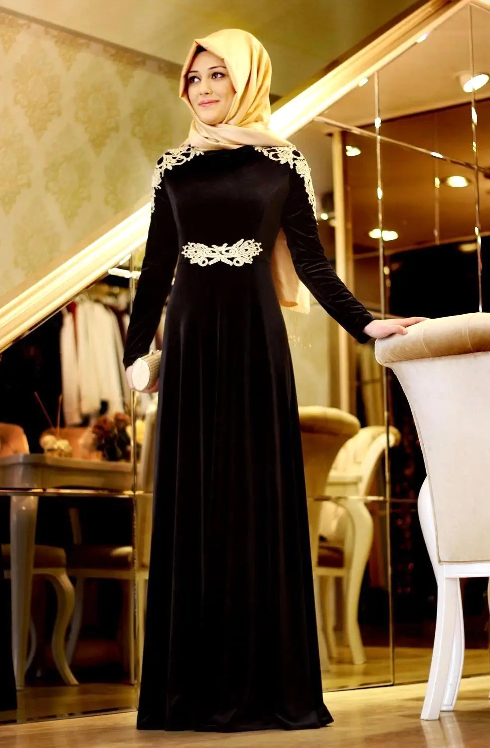 Long Sleeve Muslim Evening Dresses vestido de festa 2015 Gold Appliques Velvet Dubai font b hijab