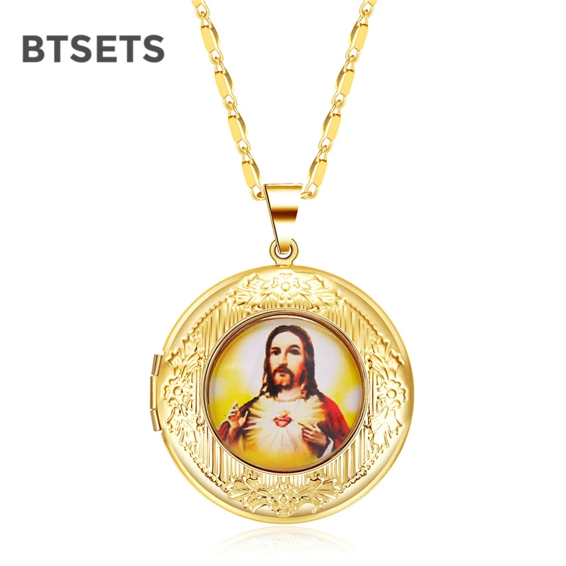 

Fashion Pendant Gold Necklace Long Chain Statement Necklace Women Round Virgin Mary Jesus Necklaces Pendants Religious Jewelry