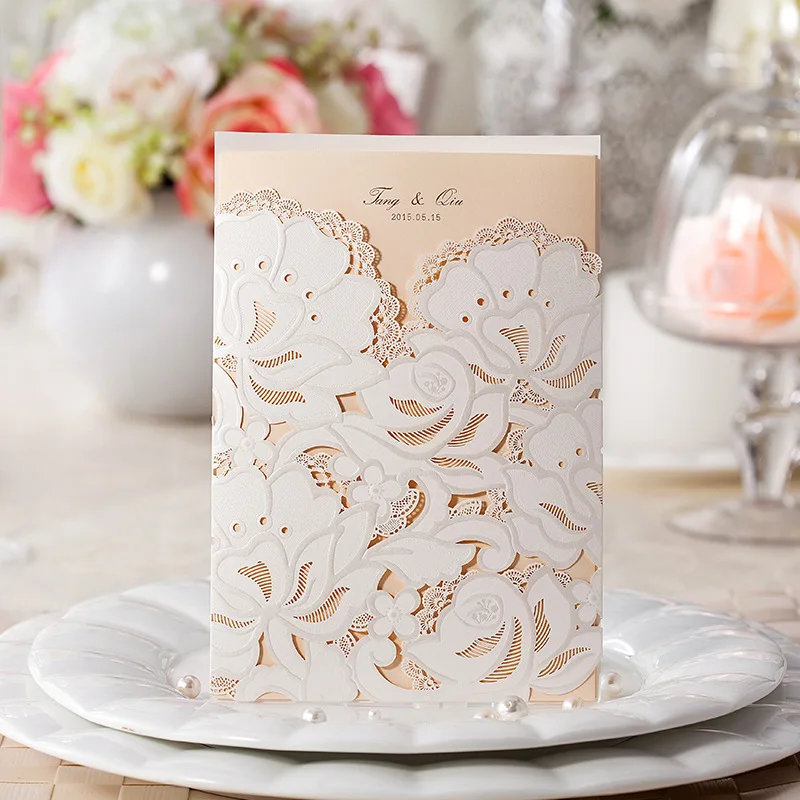 

100Pcs White Hollow Rose Flower Laser Cut Wedding Invitation Card Greeting Card Postcard Custom Printing Event Party Supplies