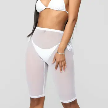 

4 Colors Women See-through Fishnet Pants Solid High Waist Leggings Mesh Sheer Short Pants Bikini Cover Ups Ladies Beach clothes