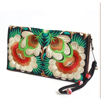 

XIYUAN BRAND chinese luxury and fashion green floral national embroidery satin polyester zipper purses Standard wallet for women
