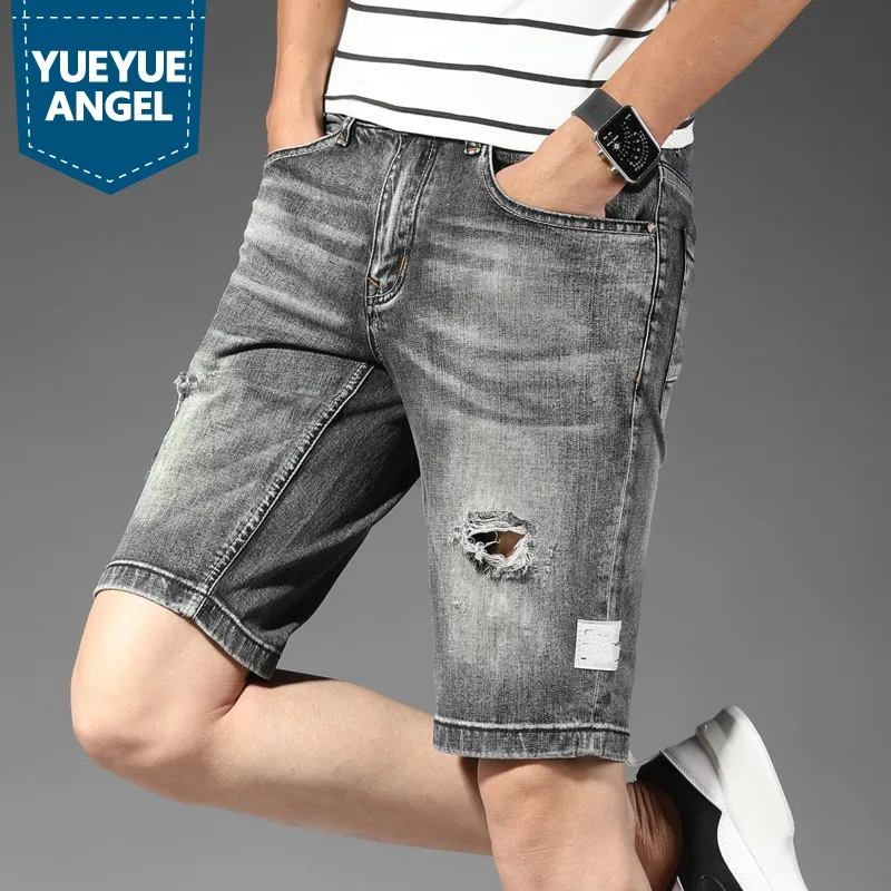Мужские джинсы летние корейские модные прямые высокие уличные повседневные байкерские шорты на молнии тонкие рваные винтажные джинсовые брюки