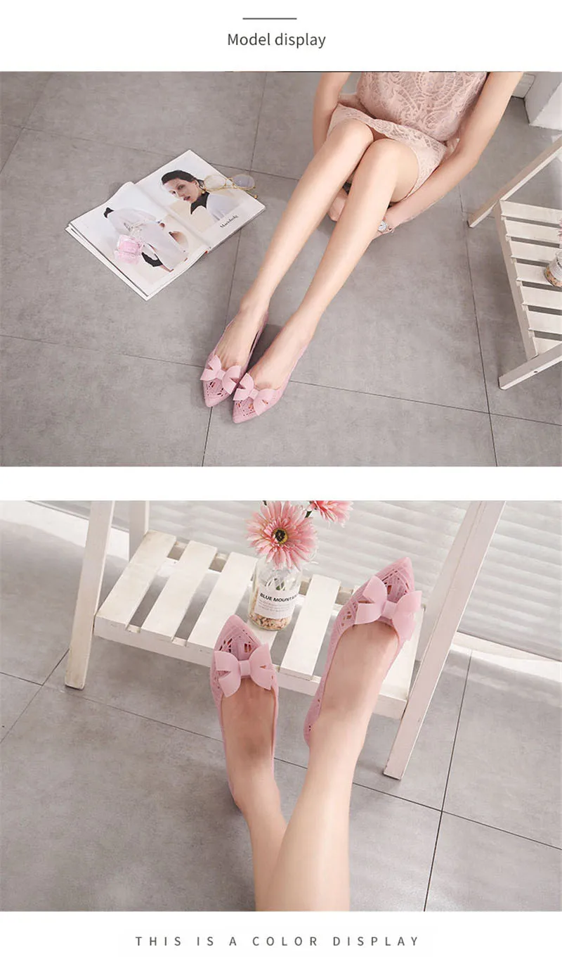 New Women Jelly Shoes Summer Comfortable Flat Beach Sandals  Sweet Bow Quick Dry Hollow Out Waterproof Rain PVC Lady Sandal Shoe (11)