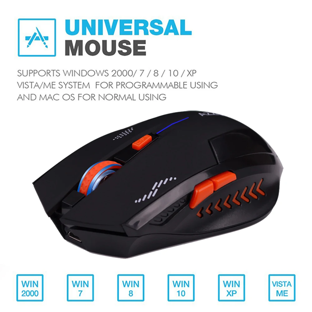 AZZOR Rechargeable Wireless Illuminate Computer Mouse Mice Gaming 1600 DPI 2.4G FPS Gamer Silence Lithium Battery Build-in