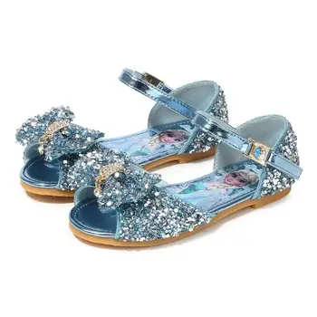 

New Summer Cartoon Girls Sandals Elsa Princess Children Flat Sandals Open-Toe Bowtie School Party Shoes Girls Princess Sandal