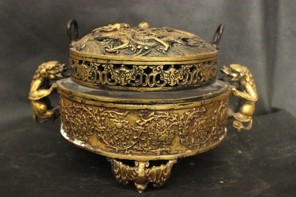 

Old Ancient China Culture Copper Gold Bronze Statue Dragon Beast incense burner