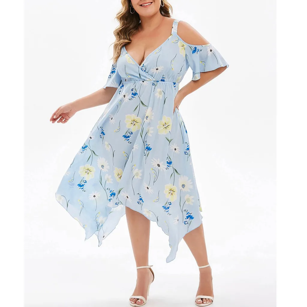 Женское элегантное шифоновое платье с открытыми плечами и цветочным принтом, летнее платье до середины икры, вечерние платья размера плюс, vestidos robe Femme 19June3