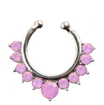 Сплав кольца для носа поддельный пирсинг Jewelry перегородка для кликера клипса на дешевые нос Piecing кольцо со стразами - Окраска металла: PInk opal