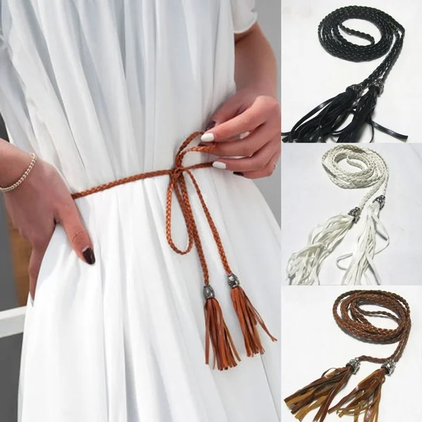 

Boho Thin Waist Rope Belt Women Simple PU Leather Tassel Braided Self-Tie Belt