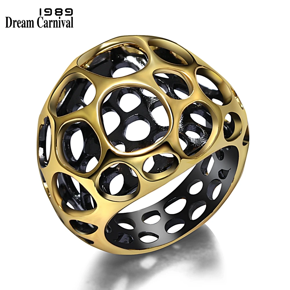 

DreamCarnival 1989 New Fashion Gothic Vintage Black Gold Color Hollow Design Women Day Wear Cocktail Ring Anel Masculino WA11428