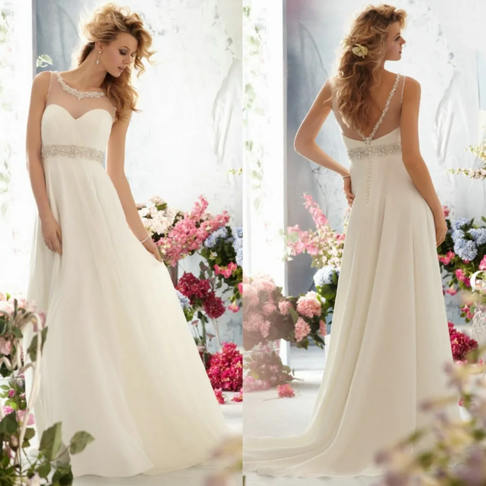 Ivory Chiffon Beach Style V Backless Wedding Dress Empire For