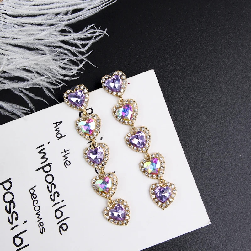 

Charming Girls Heart Dangle Earrings Long Multi-layered Bohemian Crystal Shiny Bling Drop Earrings for Women 3C3032