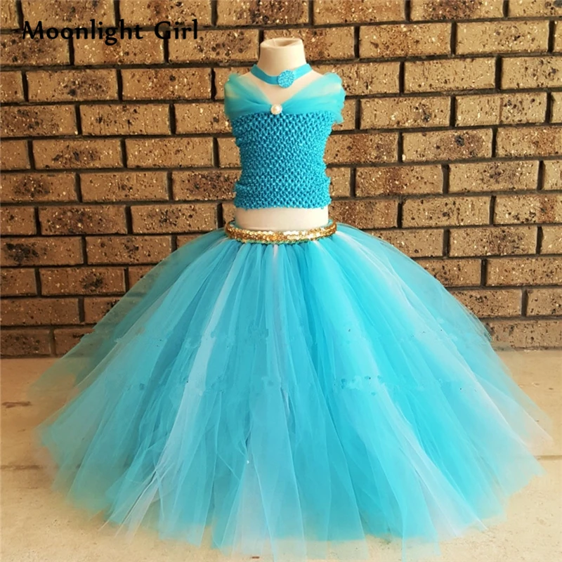 

Blue Girls Jasmine Tutu Dress Sequin Necklace Children Belly Dance Dress Girls Birthday Dresses Princess Halloween Costume PQ172