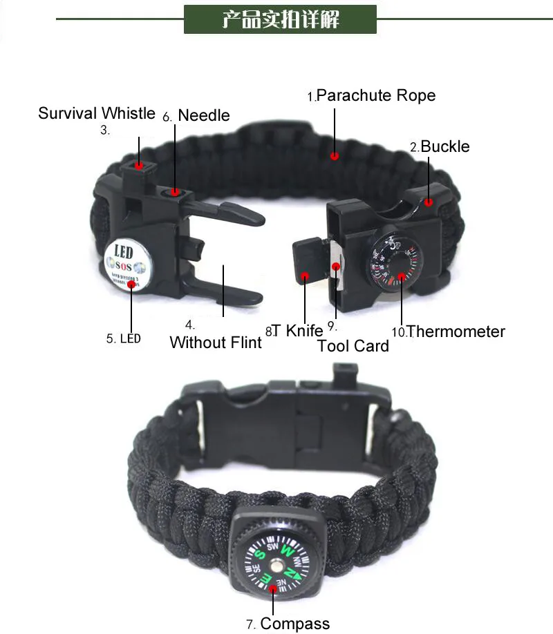 Многофункциональный плетеный браслет для выживания светодиодный Паракорд браслеты для мужчин Открытый Кемпинг Аварийный термометр свисток термометра
