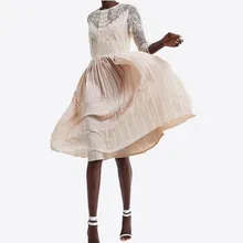 Женское модное платье с коротким рукавом Rave Фестивальная одежда платье телесного цвета вечерние кружевные до середины икры Femme Vestidos плиссированное платье AB1453