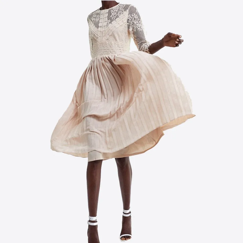 Günstige 2019 frauen Mode Halbe Hülse Kleid Rave Festival Kleidung Nude Kleid Party Spitze Mittler kalb Femme Vestidos Plissee Kleid AB1453