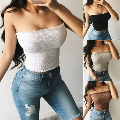 

NEW Strapless Women Off Shoulder Elastic Tube Tops Bra Blouse Bandeau Crop Top
