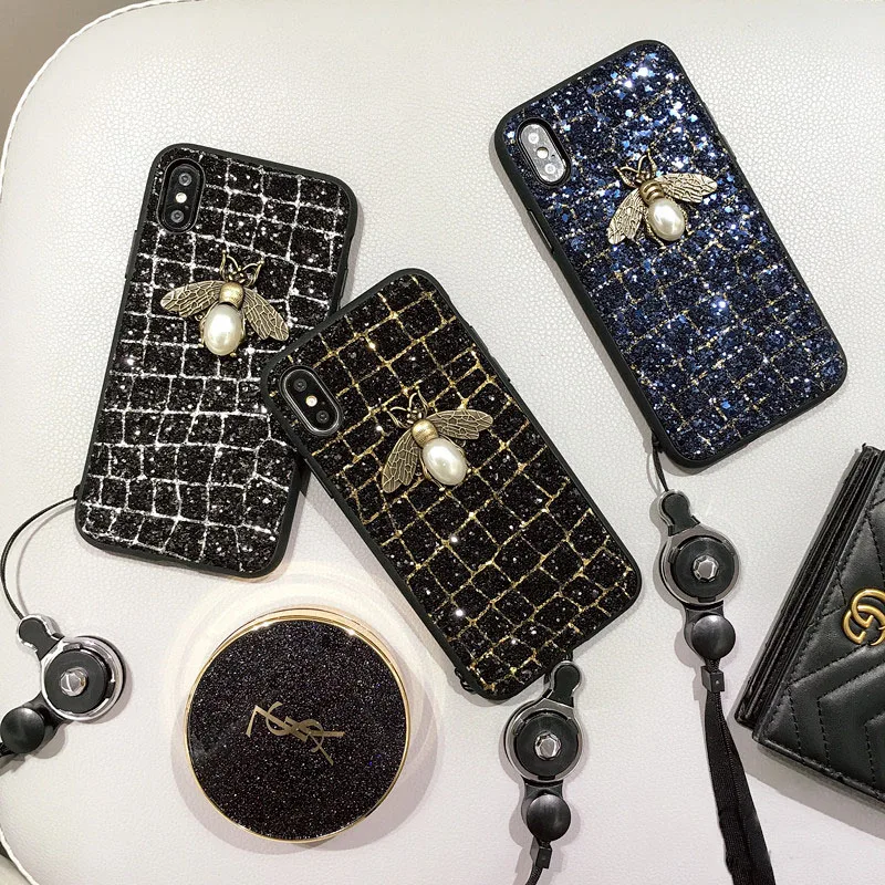 

2018 Tide Luxury Bees Case for iPhone X 10 Glitter Shining Checked Patterned Case Cover with Neck Lanyard Strap for iPhone 7 8 6